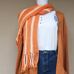 Crotchet Orange Scarf with Two Yellow Stripes